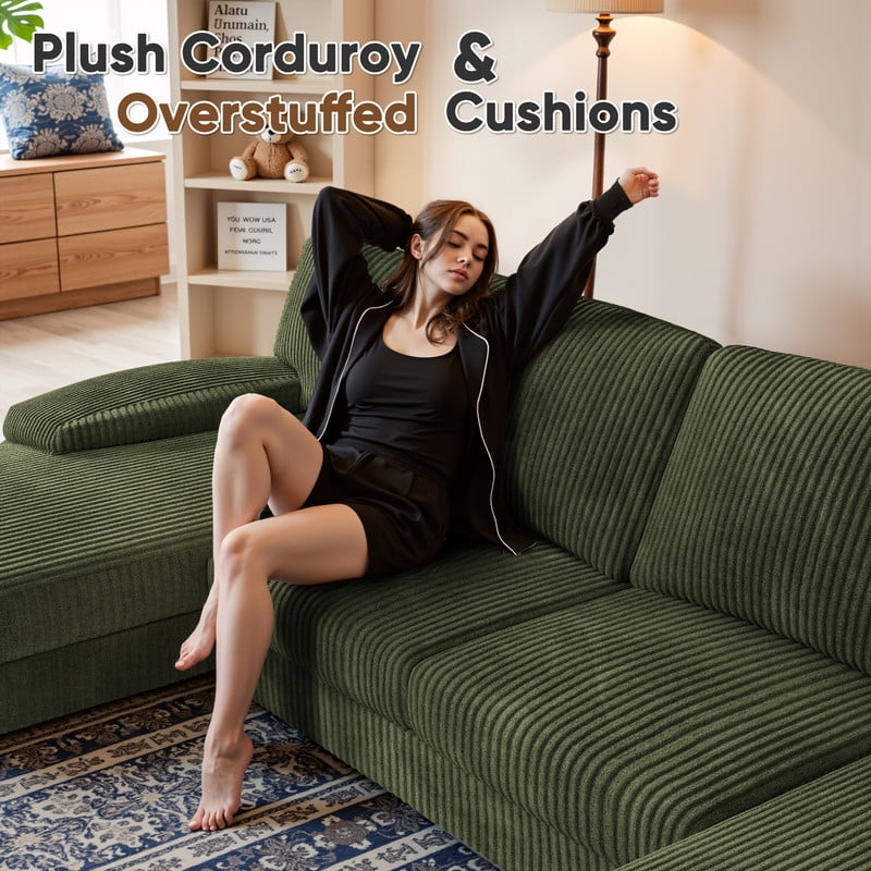 Furmax U Shaped Sectional Sofa Couch with Double Chaise for Apartments,Corduroy Green