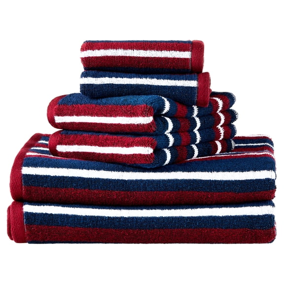 Mainstays 6-Piece Cotton Striped Towel Set, Navy Blue and Red
