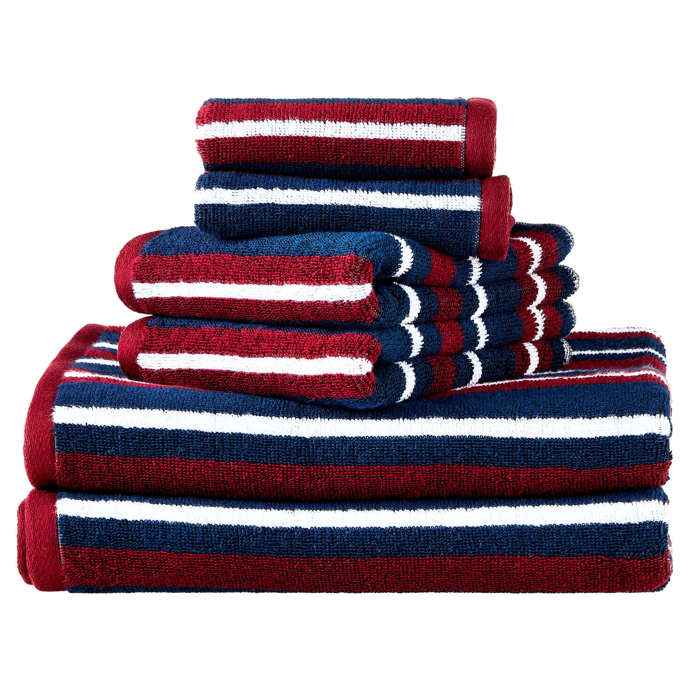 Mainstays 6-Piece Cotton Striped Towel Set, Navy and Red photo 1