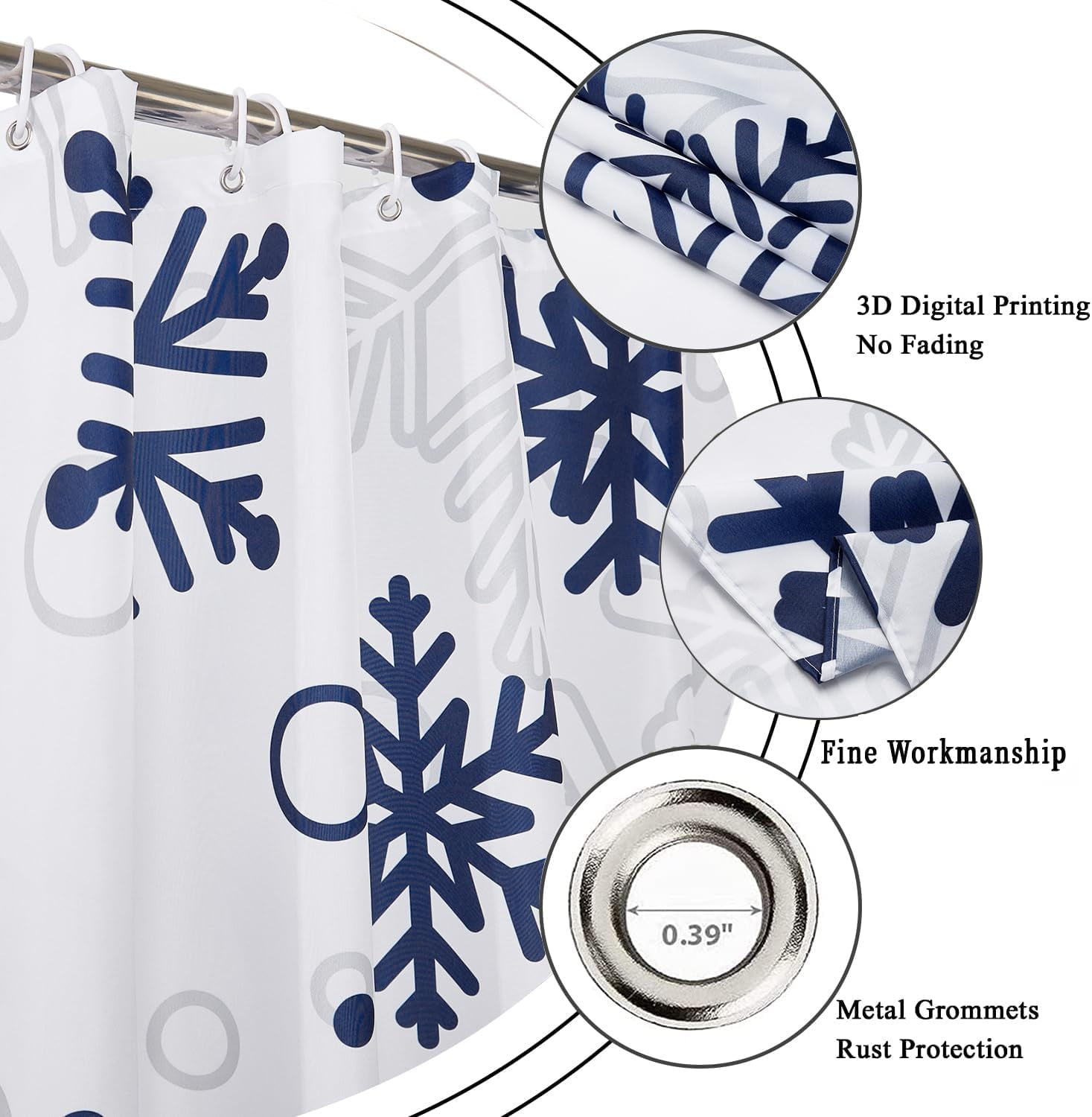 Christmas Shower Curtain, Blue Xmas Snowflake White Background Winter New Year Holiday Bathroom Curtain Waterproof Fabric Machine Washable with Hooks, 72" Wx84 L