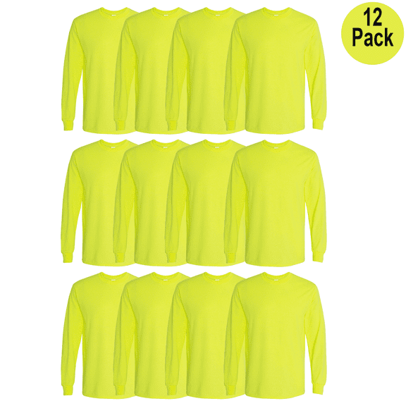 Gildan Hi Vis Long Sleeve T-Shirt, Men Heavy Cotton Safety Green Comfortable Bulk Tee, S, 12 Pack