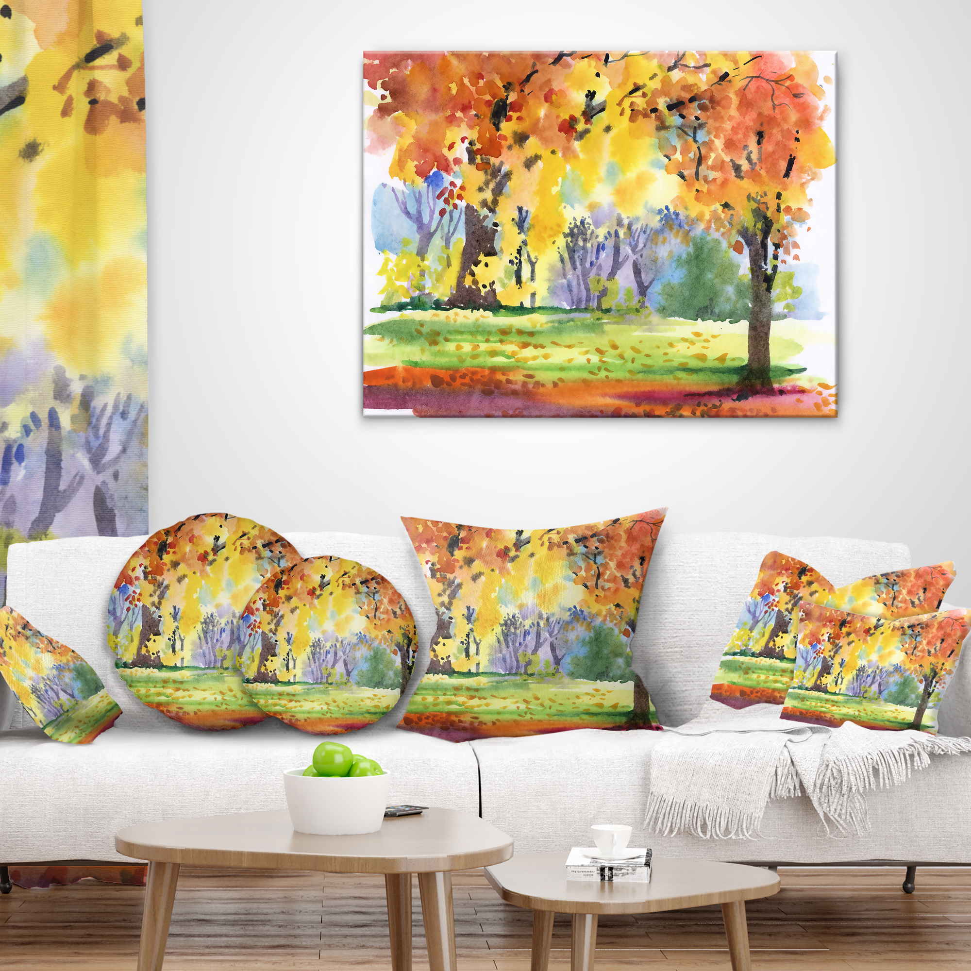 Designart Autumn Park Yellow Trees Watercolor - Landscape Printed Throw Pillow - 12x20