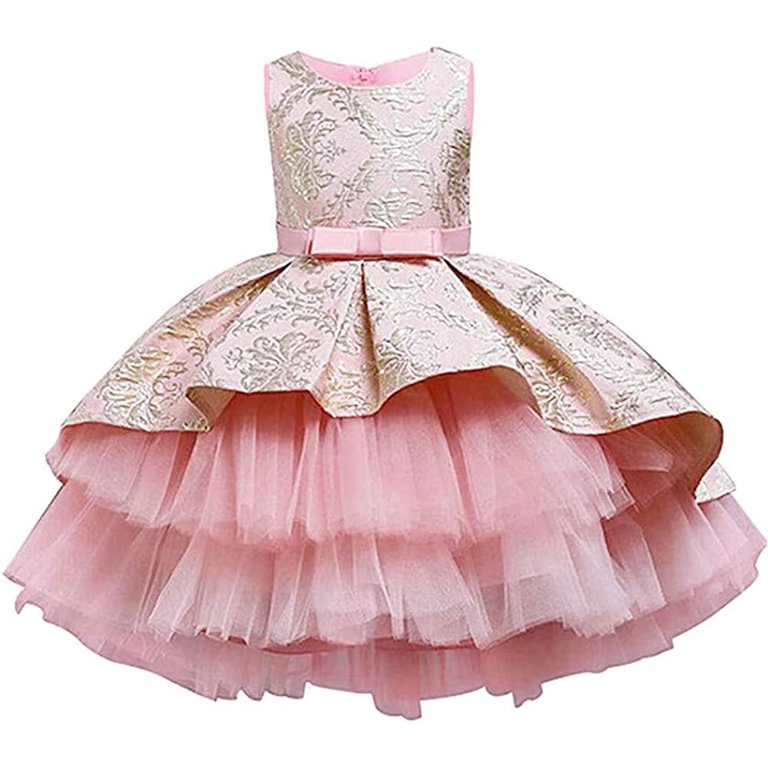 Flower Girls High Low Tulle Dress Sleeveless Jacquard Princess Birthday  Wedding Gown for 2-8Y