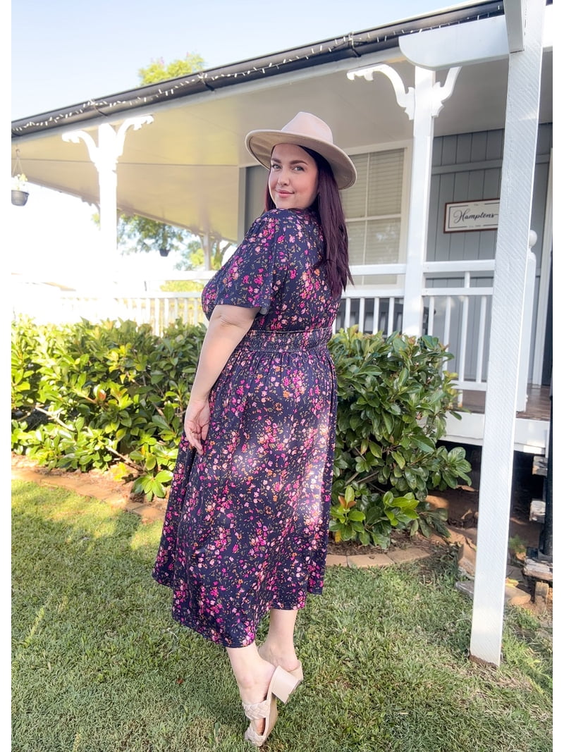 loose fitting spring dresses Cassie LIZ Dresses for Women Plus Size 2X Purple Floral Fall Dresses Fashion Midi Sundresses Short Sleeve V Neck Dresses Loose Fit Summer Dress With