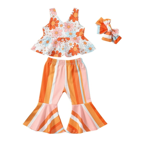 Bagilaanoe 3pcs Toddler Baby Girl Long Pants Set Floral Sleeveless Tank Tops   Rainbow Flare Trousers   Headband 6M 12M 18M 24M 3T 4T 5T Kids Casual Outfits