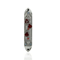 Pewter enameled Pomegranate with Blue and red and Blue Stones - Mezuzah (3.5 Inches with Scroll)