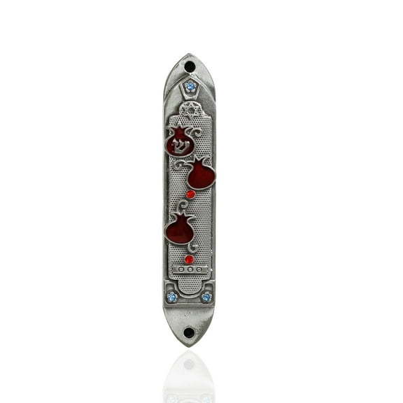 Pewter enameled Pomegranate with Blue and red and Blue Stones - Mezuzah (3.5 Inches with Scroll)