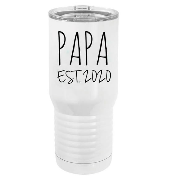 Papa Est. 2020 Established Stainless Steel Vacuum Double-Walled Insulated 20 Oz Tumbler Travel Coffee Mug with Clear Lid, White