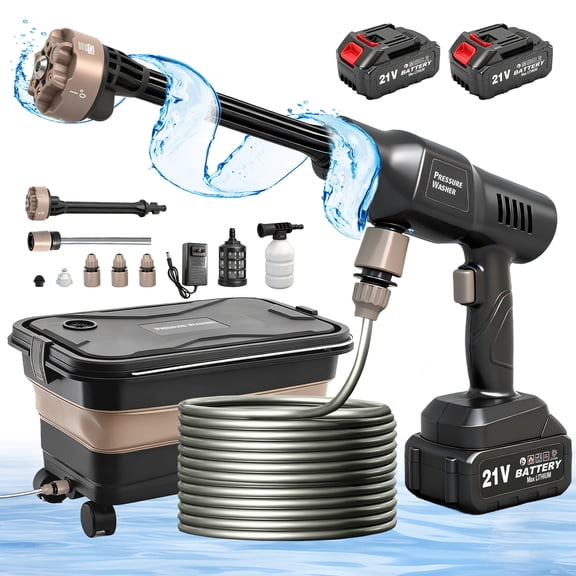 GlobalSourse Cordless Pressure Washer with Foldable Tank, 1160PSI High-Power Cleaning, 21V Portable System with 4.0Ah Dual Batteries & 6-in-1 Nozzle for Car, Patio, Fence and Driveway