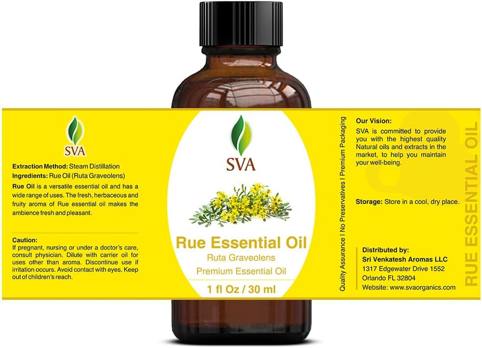 SVA Rue Essential Oil – 1 Fl Oz – 100% Natural Rue Oil - for Diffuser, Hair Care, Face, Skin Care, Aromatherapy, Scalp and Body Massage, Soap and Candle Making - with Dropper