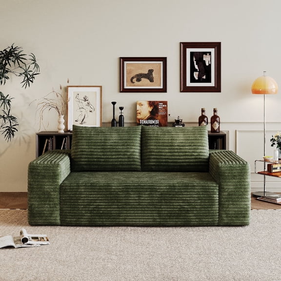 63" Boneless Loveseat Couch Sofa, Comfy Corduroy Fabric Compress Sofa Couch with Deep Seat, 2-Seater Floor Loveseat for Small Space, Living Room, Conference room, No Assembly Required, Grenn