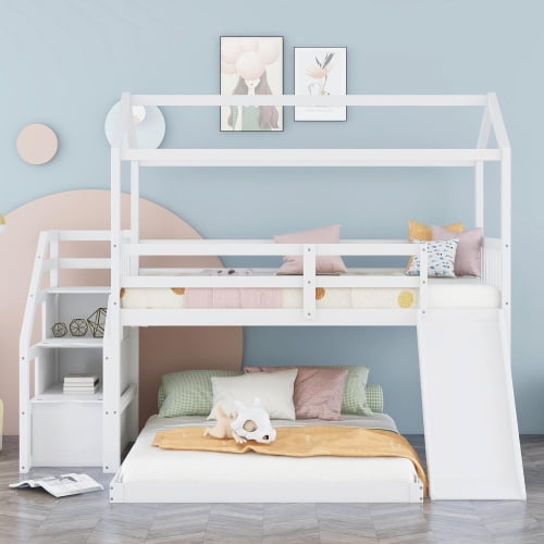 Twin Over Full House Bunk Bed with Convertible Slide and Storage