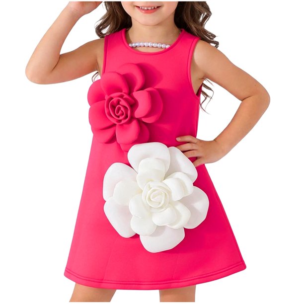 Vestido de la Niña de la Flor Blanca sin Mangas Verano Rojo Y Blanco de la Rodilla de la Falda de la Longitud Bolsos de Fiesta para los Niños Cumpleaños Vestido Al Aire Libre