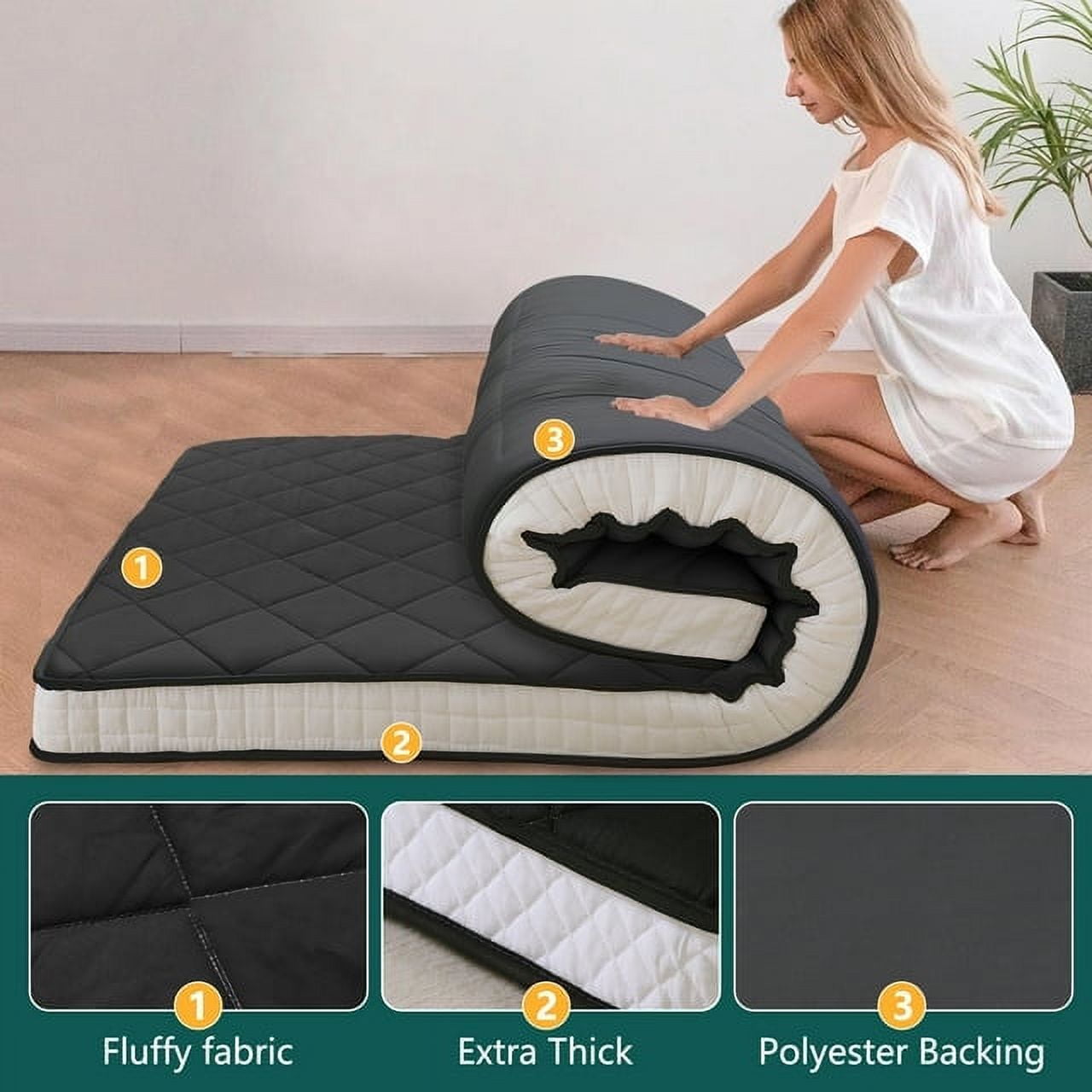 ABORON Futon Mattress , Padded Japanese Floor Mattress for Adults , Extra Thick Folding Sleeping Pad with Bandage and Storage Bag