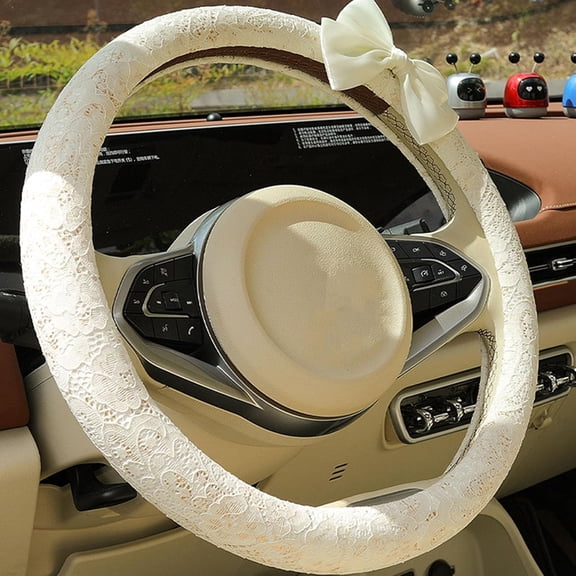 15 Inches Cute Bow Steering Wheel Protective Cover Vintage Lace Car Steering Wheel Cover for Women Car Interior Decor Accessories, Beige