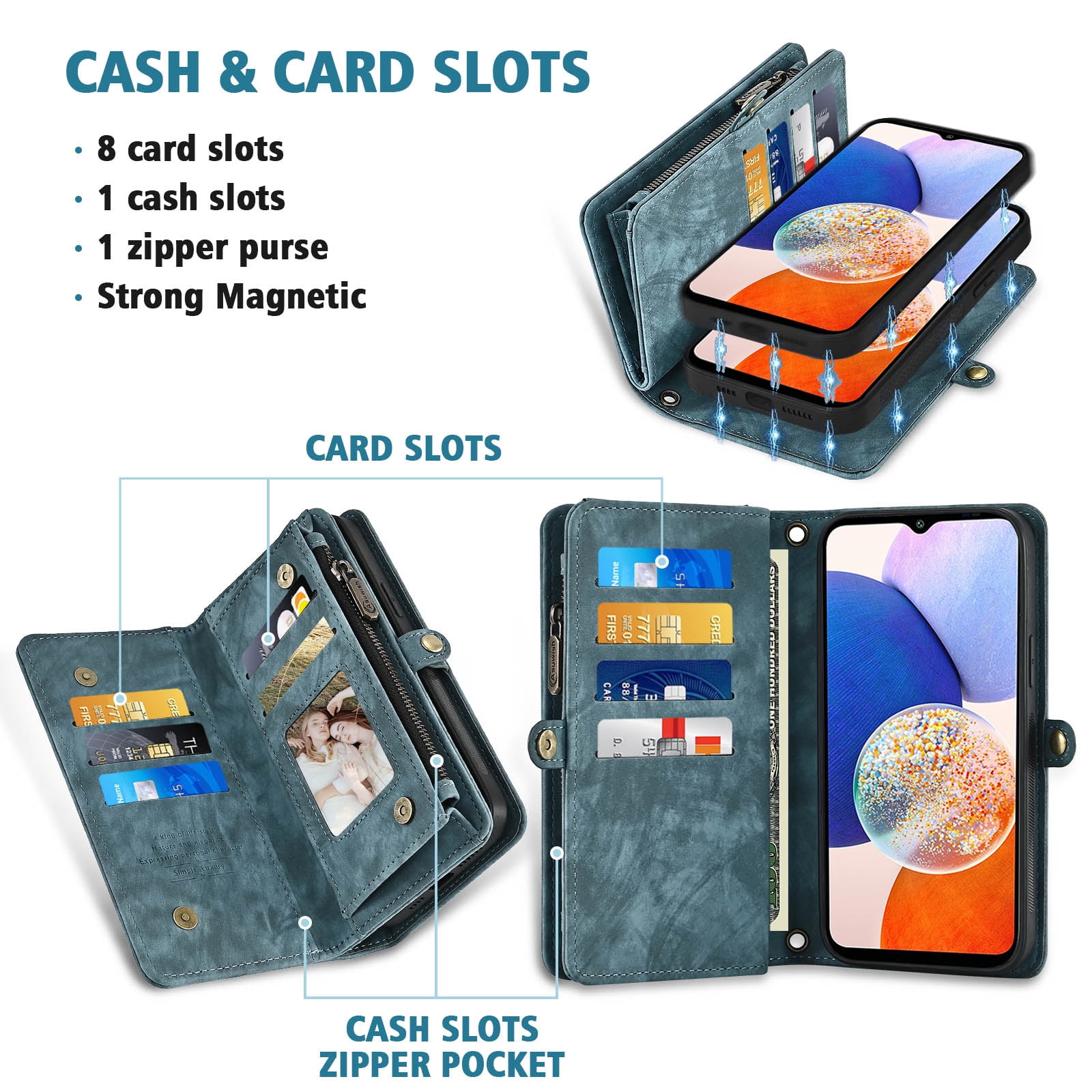 Asuwish Compatible with Samsung Galaxy A14/M14 5G Phone Case Zipper Wallet Detachable Tempered Glass Screen Protector Crossbody Strap Flip Card Holder Cell Cover for A 14 4G 14A 14M G5 Women Men Blue