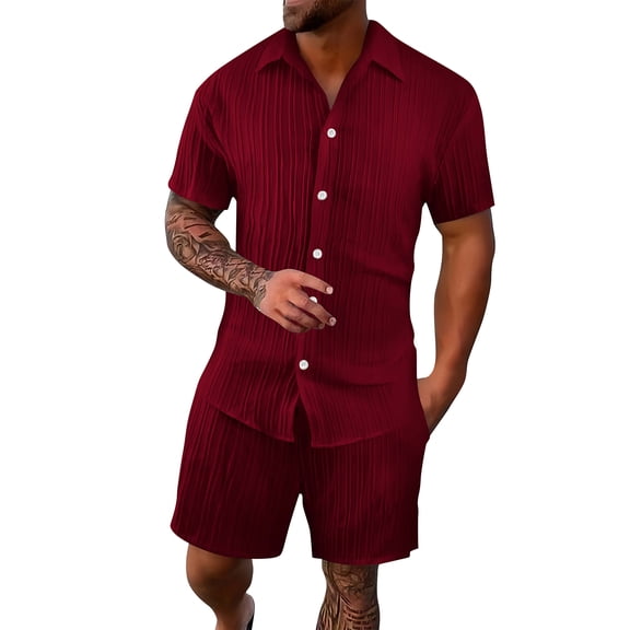 LWavelet Men's Vertical Striped Button Up Shirt and Shorts Set Casual Beach Vacation Outfit Wine L