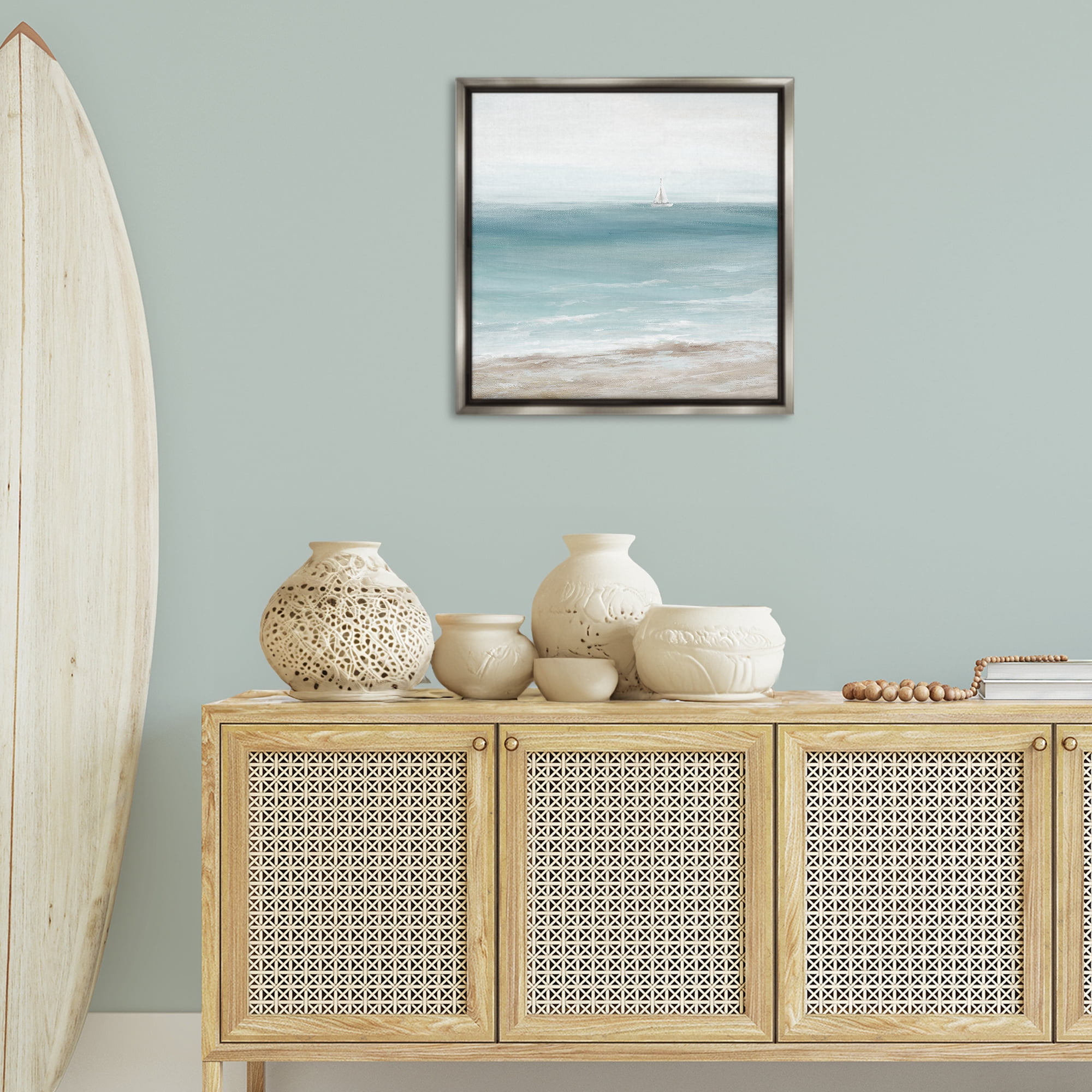 Stupell Industries Distant White Sailboat Nautical & Beach Painting Gray Floater Framed Canvas Art Print Wall Art, 25 x 25