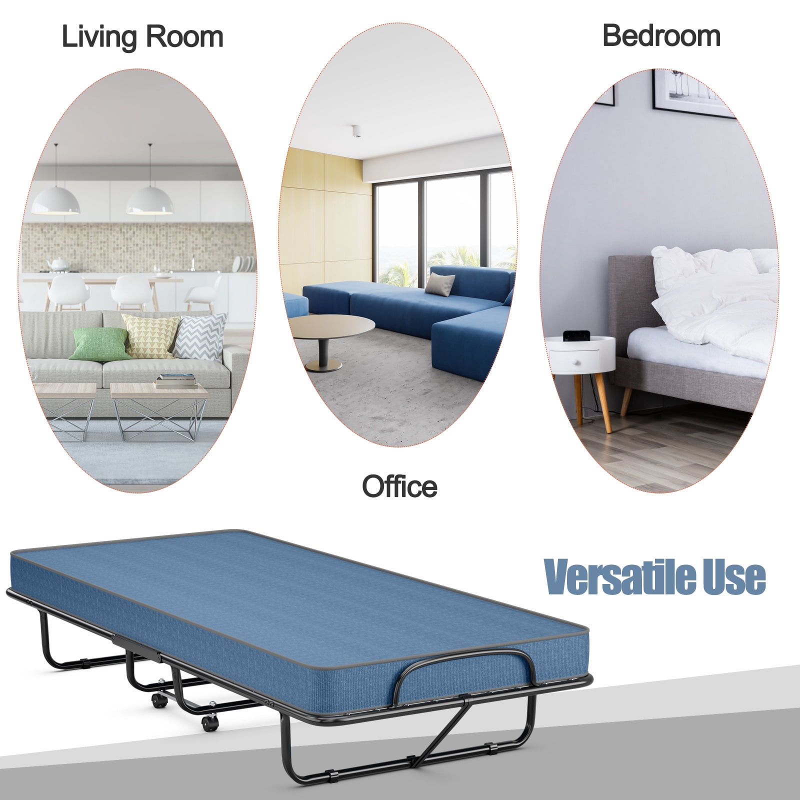 Furnibear Folding Rollaway Guest Bed with Sturdy Steel Frame Foam Mattress and Rolling Wheels for Home and Office Use, Navy