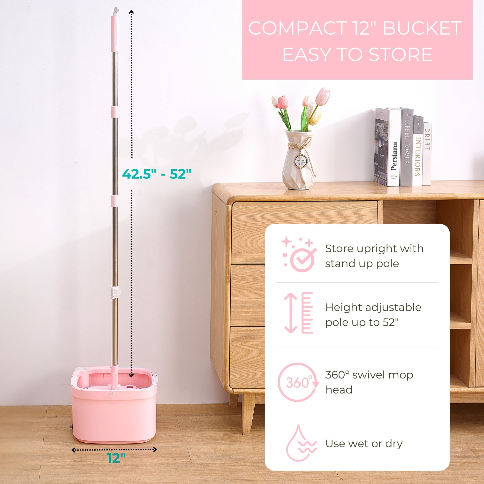 True Clean Spin Mop and Bucket System with Clean Water Separation, Self Cleaning Microfiber Floor Mop for Vinyl & Tile, Rose
