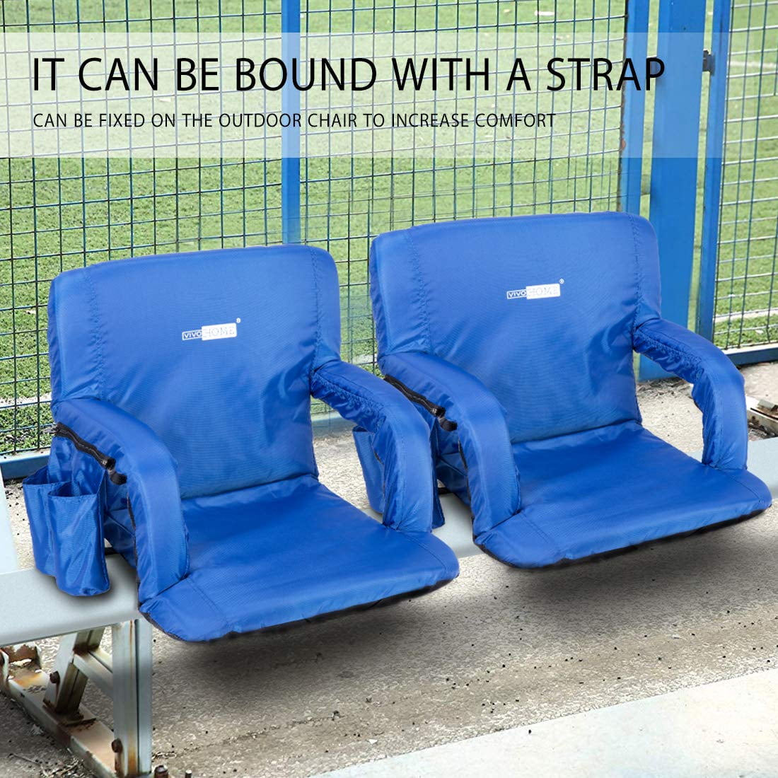 Portable Blue Reclining Stadium Seat w/ Armrest Cup Pocket Standard Adjustable 
