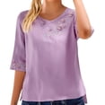 thumbnail image 2 of Women's Short Sleeve T-shirt 3/4 Sleeve Linen Shirts For Women 2025 Cotton Summer Retro Embroidered Boho Tops Casual Trendy Vacation Blouse,Purple Women's Short sleeve T-shirt XXL, 2 of 5