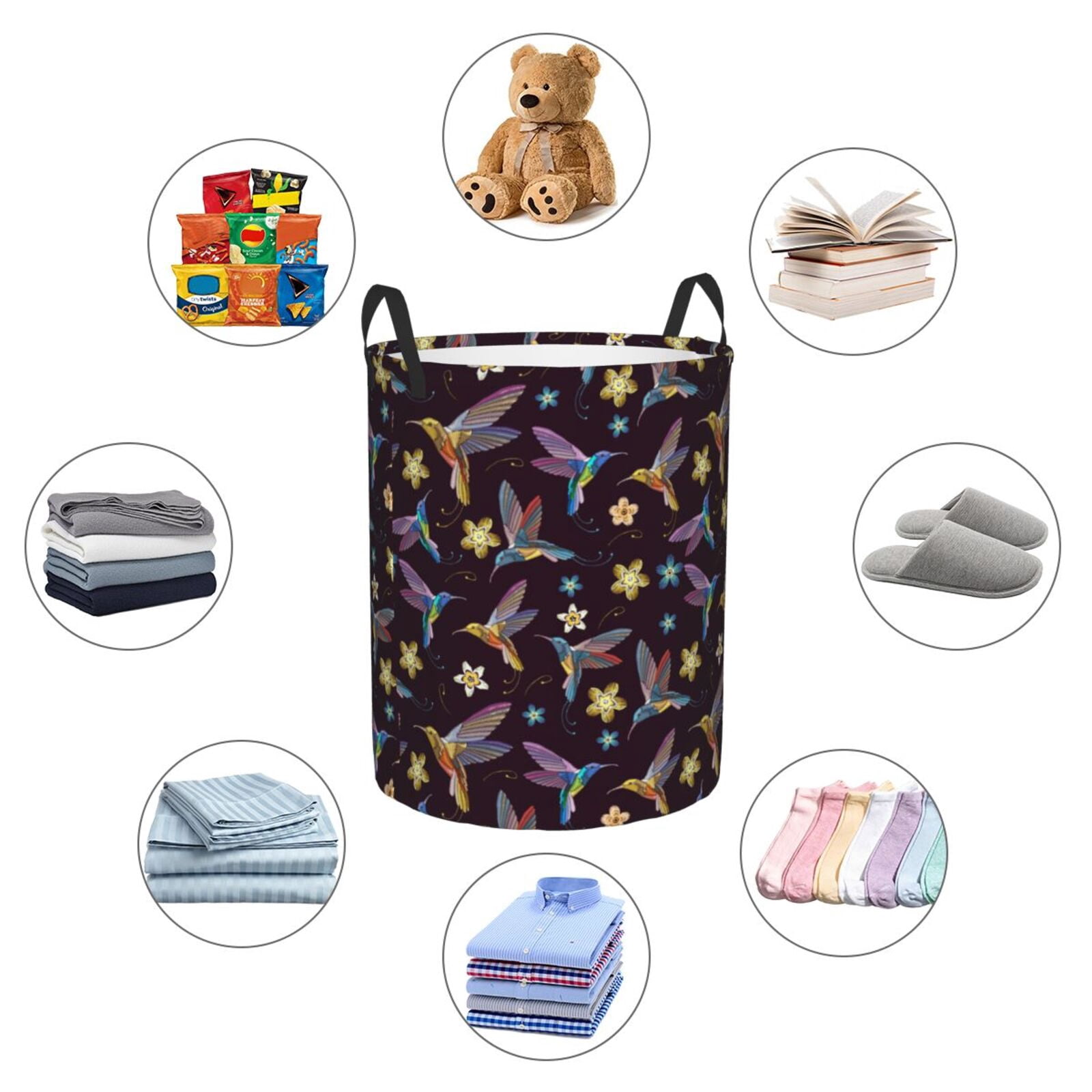 Large Laundry Basket with Handles - Floral Hummingbird Print Black Kids Baby Dirty Clothes Laundry Hamper for Bedroom Aesthetic