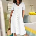 thumbnail image 2 of SnnmBlm Women's Casual V Neck Button Down Cotton Linen Dress Short Sleeve Midi Length Loose Summer Dresses White 2XL, 2 of 6