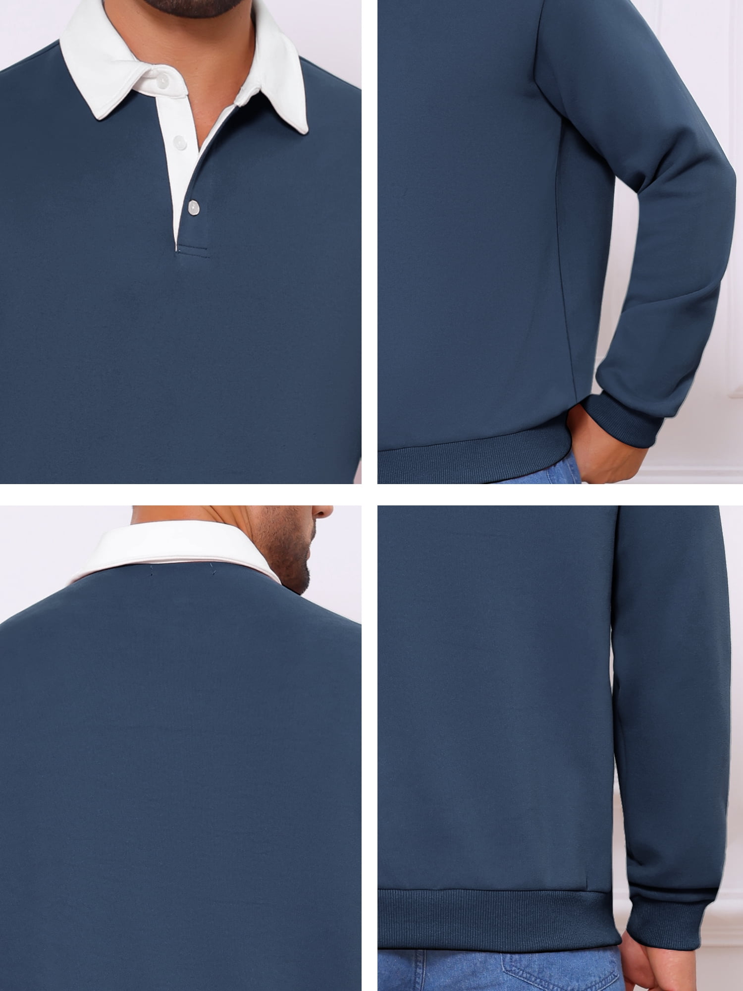 DARING DIVA Men's Contrast Collared Long Sleeves Pullover Polo Sweatshirt 2XL Dark Blue