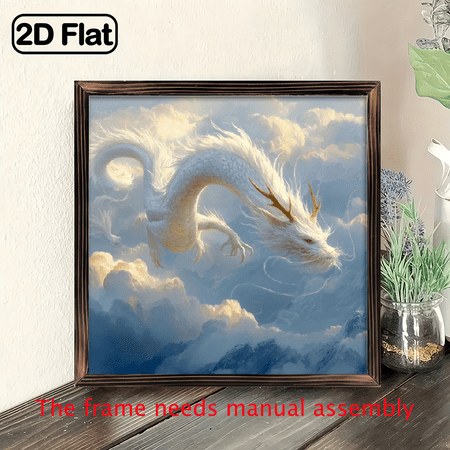 Wooden board painting, 2D Flat A Wooden Frame Painting Cool Stuff for Room A White And Golden Dragon Soaring in The Sky for Kitchen, Home Office, Living Room.