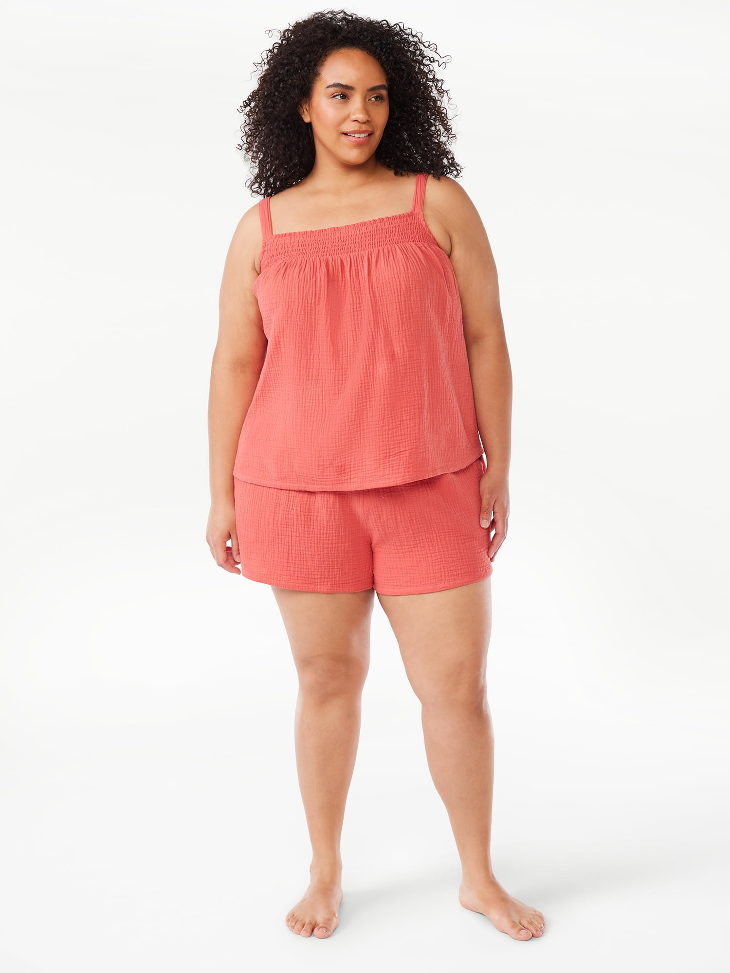 Joyspun Women's Gauze Smocked Top and Shorts Pajama Set, 2-Piece, Sizes S to 3X