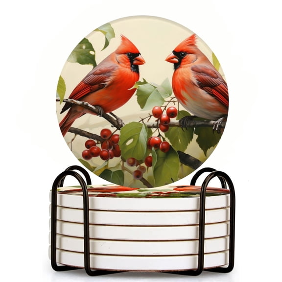 Bahomeck Drink Coasters Set Of 6 With Holder Red Cardinals Perched On Tree Branch Water Absorbent Ceramic Coasters Tabletop Protection,Suitable For Various Cup,Home Decor