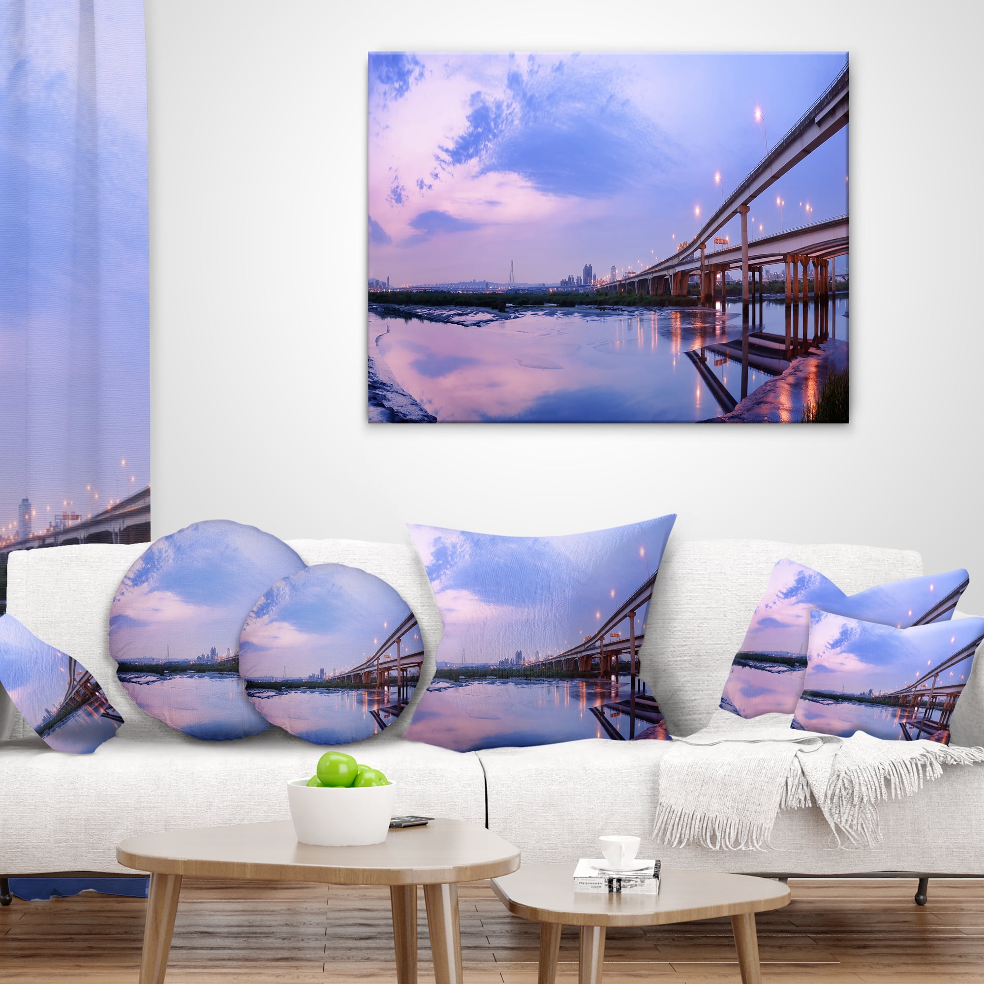 Designart Purple Beach with Pier - Seashore Photography Throw Pillow - 18x18