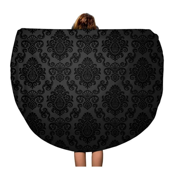 JSDART 60 inch Round Beach Towel Blanket Victorian Damask Pattern Royal Black Gothic Dark Vintage Organic Travel Circle Circular Towels Mat Tapestry Beach Throw