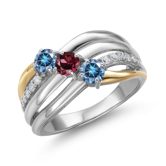 Gem Stone King 925 Silver and 10K Yellow Gold Persian Blue Moissanite and Red Rhodolite Garnet and Lab Grown Diamond Engagement Ring for Women | 0.98 Cttw | Round 4MM | Birthstone | Size 5