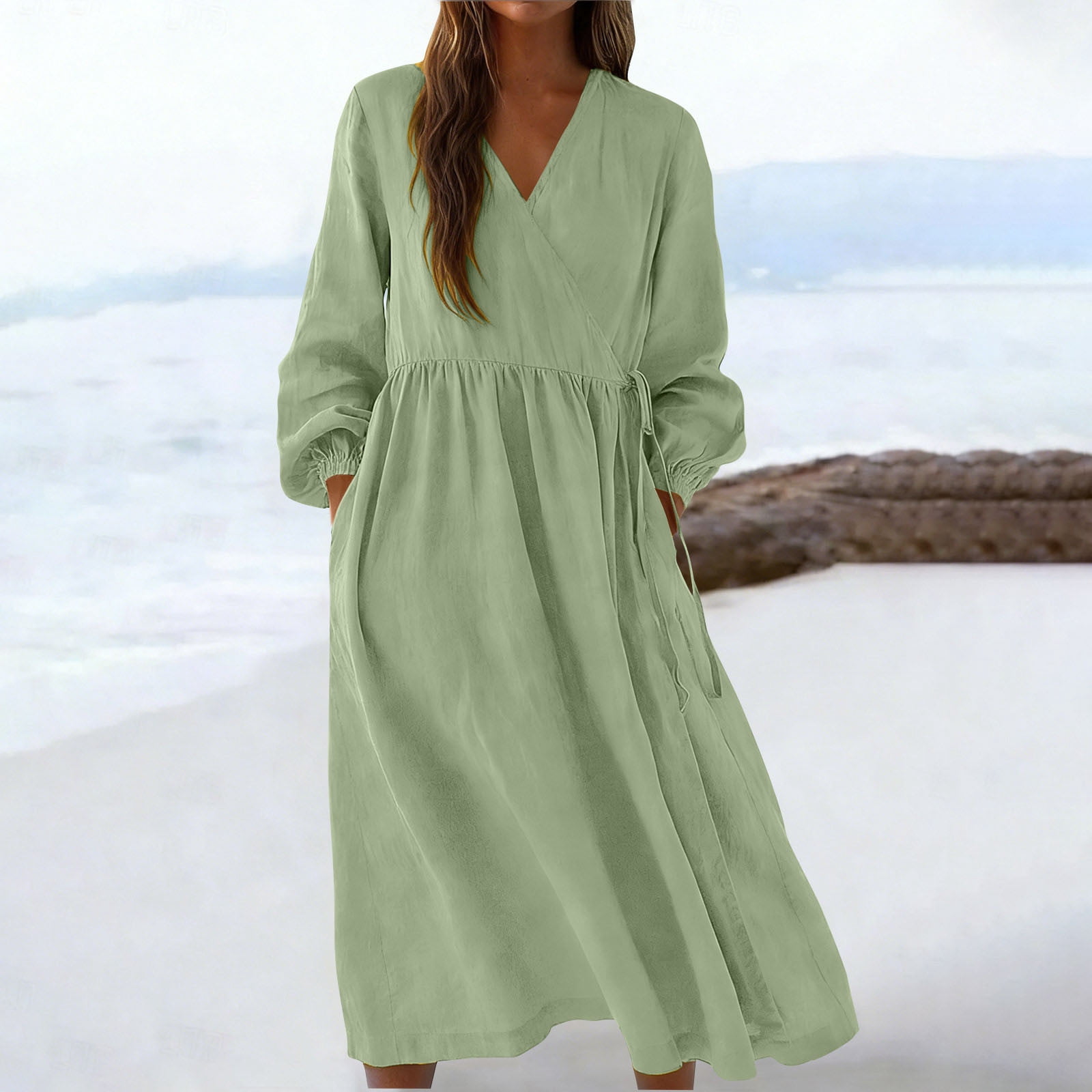 Sentmoon Linen Dresses Summer 2026 Fashion Solid Color V Neck Womens Sundress Stretchy Regular Fit Beach Day Essentials for Travel and Holiday Green XXL