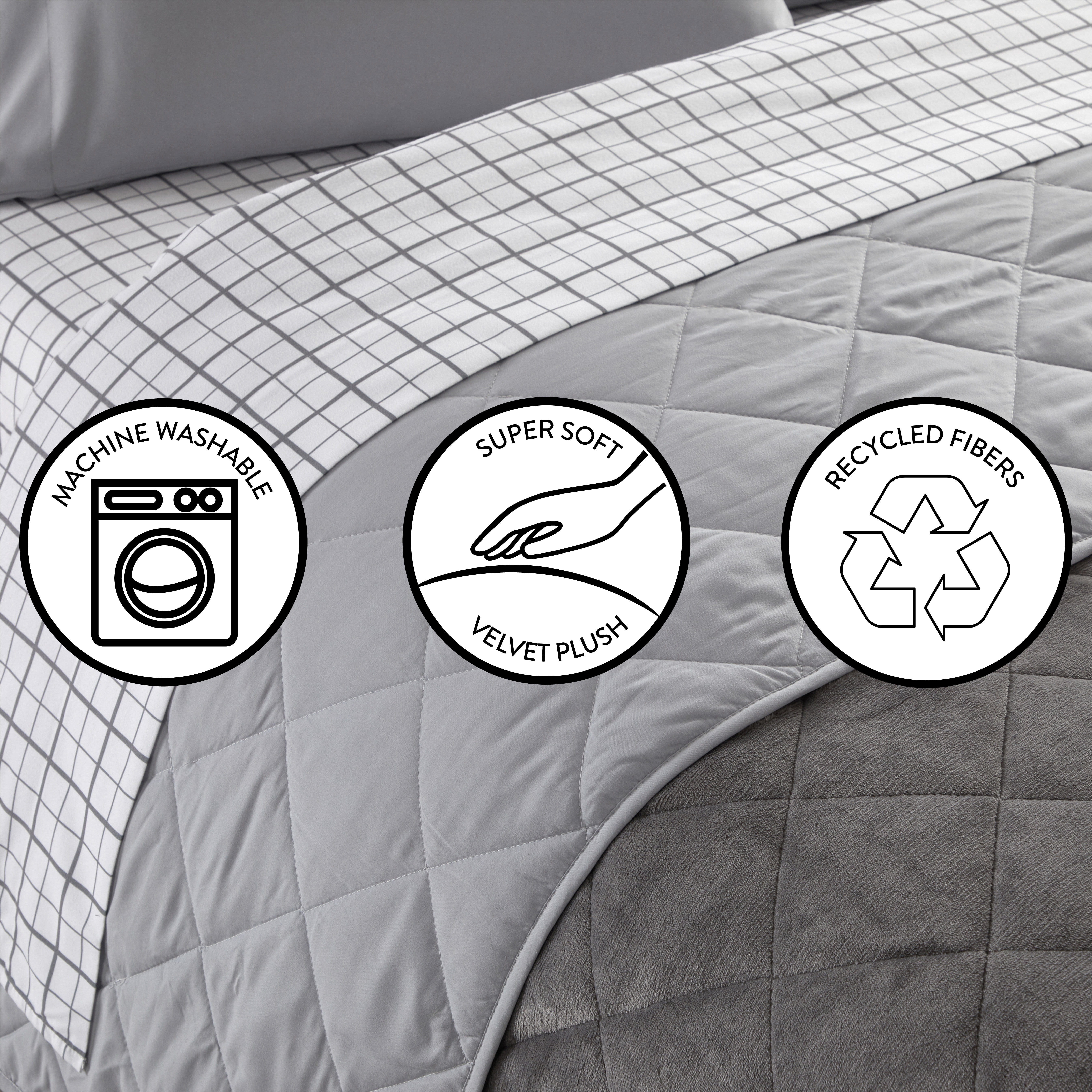 Dearfoams Grey Velvet Plush 7 Piece Quilt Bedding Set with Polyester Sheets, Full