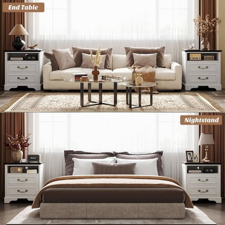 Aheaplus Set of 2 Charging Nightstands: Farmhouse Bedside Tables with USB-C Ports, AC Outlets, Drawers & Shelf for Bedroom,Rustic White