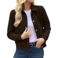 thumbnail image 2 of AVRNLIQ Womens Coffee Suede Crop Jacket Button Down Lapel Collar Long Sleeve Casual Lightweight Fall Outerwear,Size L, 2 of 8