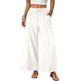 thumbnail image 2 of Women's Cotton Loose Wide Leg Pants, Mid Elastic Waist Drawstring with Pockets, Lightweight Casual Flowy Trousers for Business Summer Vacation, Soft Linen | VerBelle,White M, 2 of 9