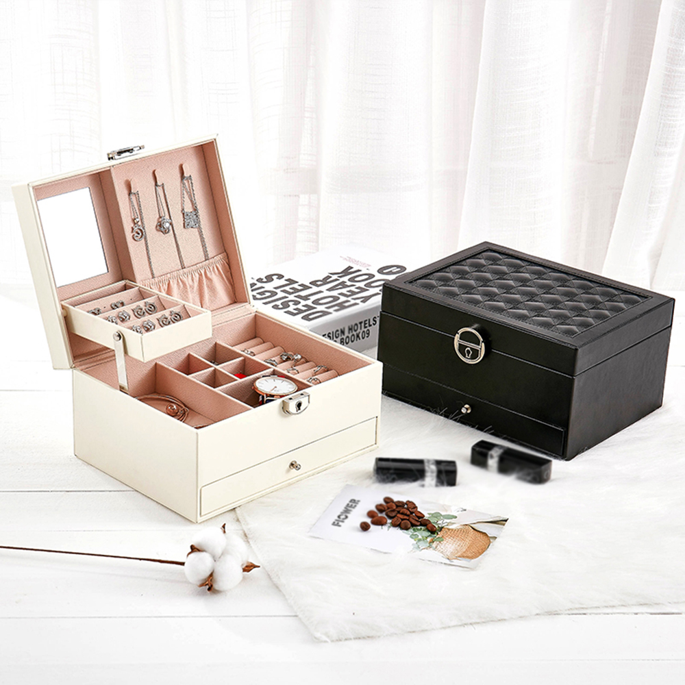 Travel Portable 2 Layers Storage Organizer Jewelry Box PU Leather Large Capacity