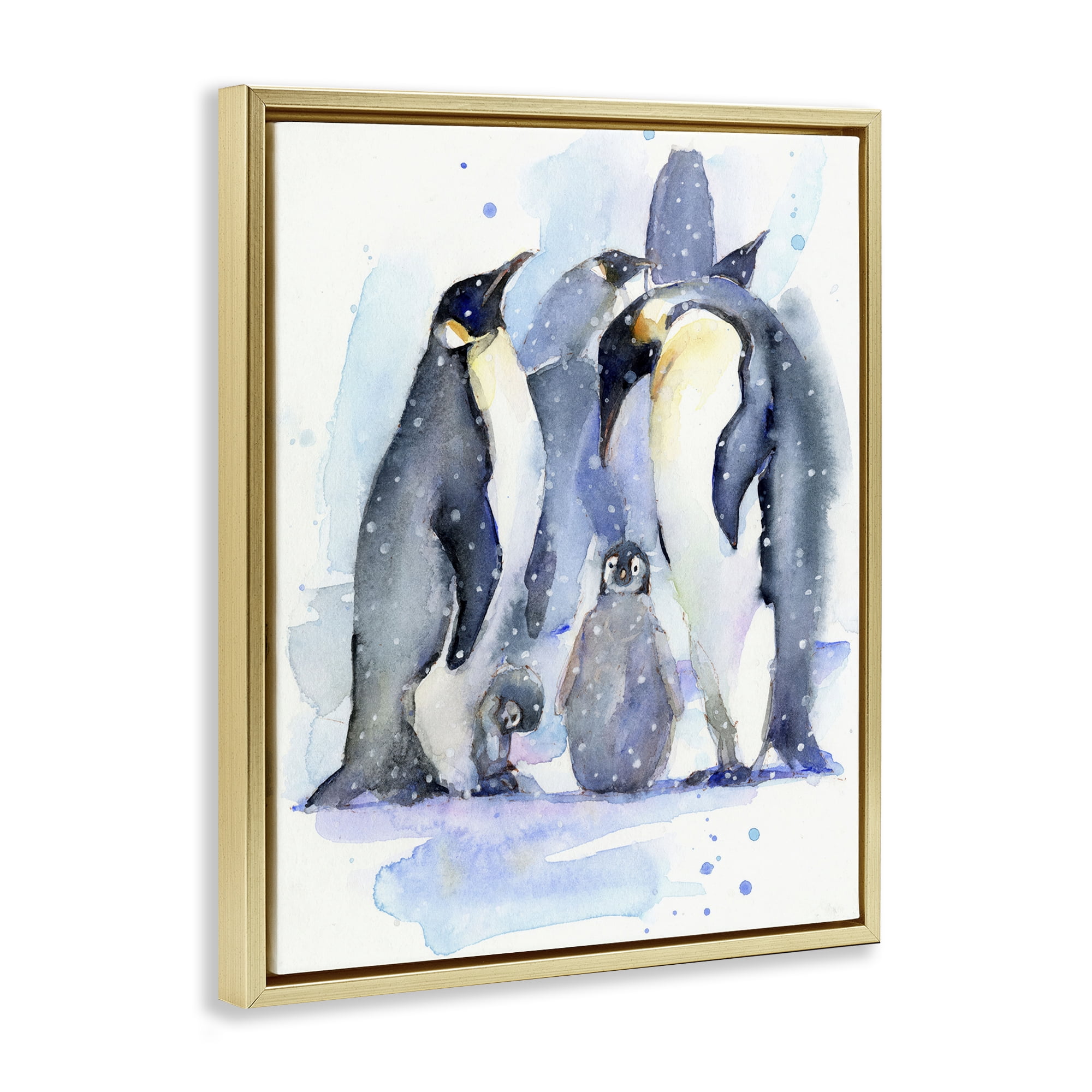 Stupell Industries Penguin Family Watercolor Animals Painting Gold Floater Framed Canvas Art Print Wall Art, 25 x 31
