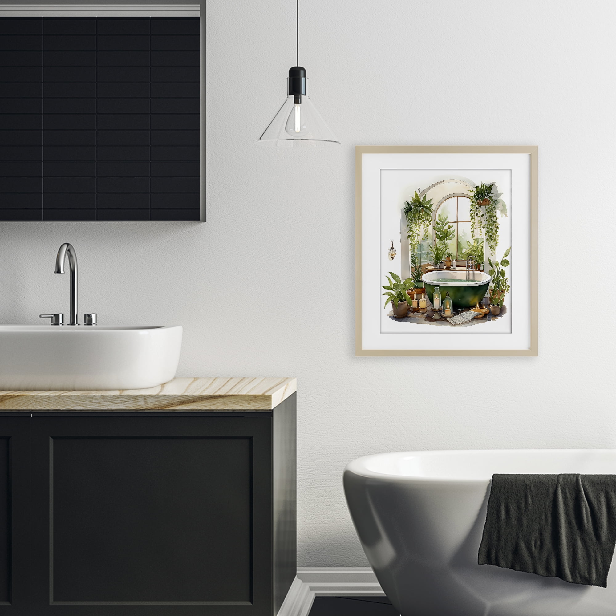 Tranquil Tub with Candles & Greenery Birch Framed Print Under Glass, design by Lettered and Lined