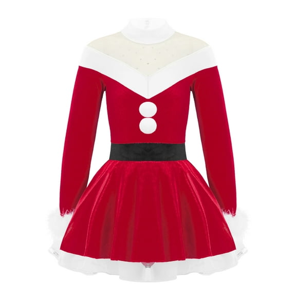 DPOIS Kid Girls Christmas Mrs Claus Dress Santa Costume Velvet Leotard Dress Red 16
