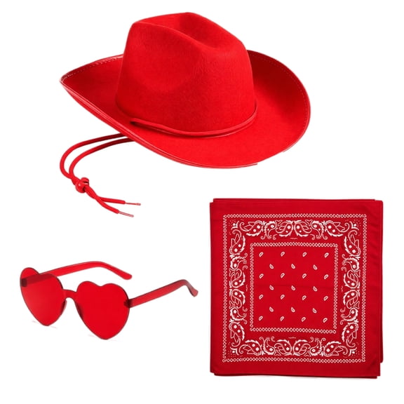 IYYVV 3Pcs Halloween Western Cowboy Hat Set With Bandana And Glasses, Adjustable Costume Hat For Men Women,Dress-Up Parties Red