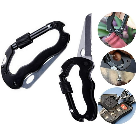 D-Ring Clip Multitool Carabiner, Folding Pocket Knife for Outdoor Activities, Survival Gear, Compact Portable, Safe Easy Use, Sturdy Durable EDC Keychain (2 Pieces)