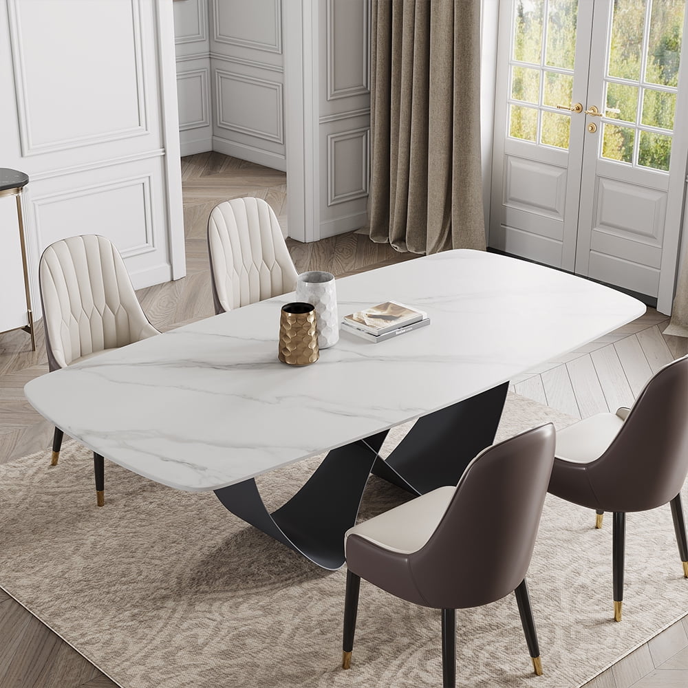 POVISON Modern Beige Dining Chair With PU Leather (Set of 6), Metal Legs
