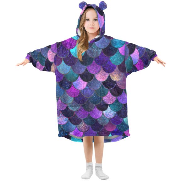 Purple Blue Mermaid Scales Flannel Wearable Blankets Hooded Design Long Sleeves Wrap Unisex for 3T-14Y S