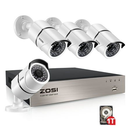 ZOSI 8 Channel 1080p NVR IP Security System with 1TB HDD and 4 Weatherproof 1080p 2MP POE Bullet IP