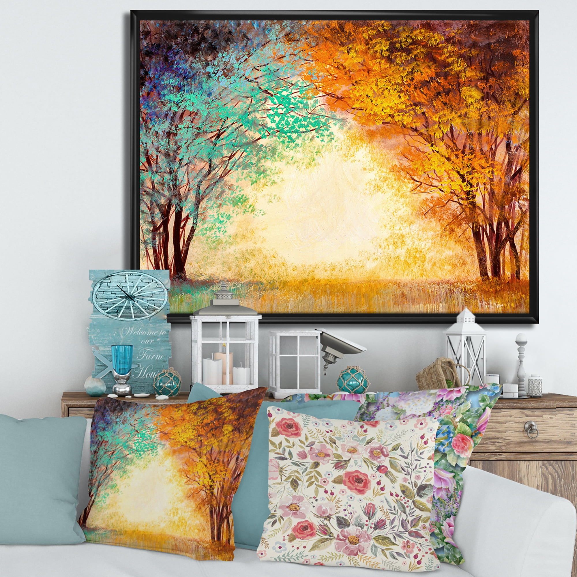 Designart 'Alley Through The Turquise Park In Autumn Sunset ' Traditional Framed Canvas Wall Art Print